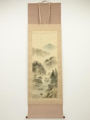 薫月筆　渓流風景　肉筆絹本掛軸（共箱）